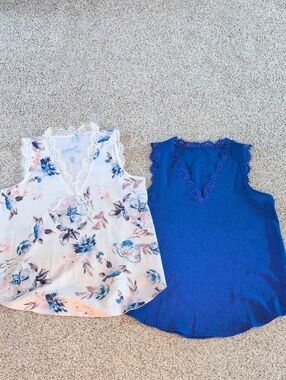 Lace-Trim Floral & Solid V-Neck Camisole Duo — Cream Floral and Royal Blue